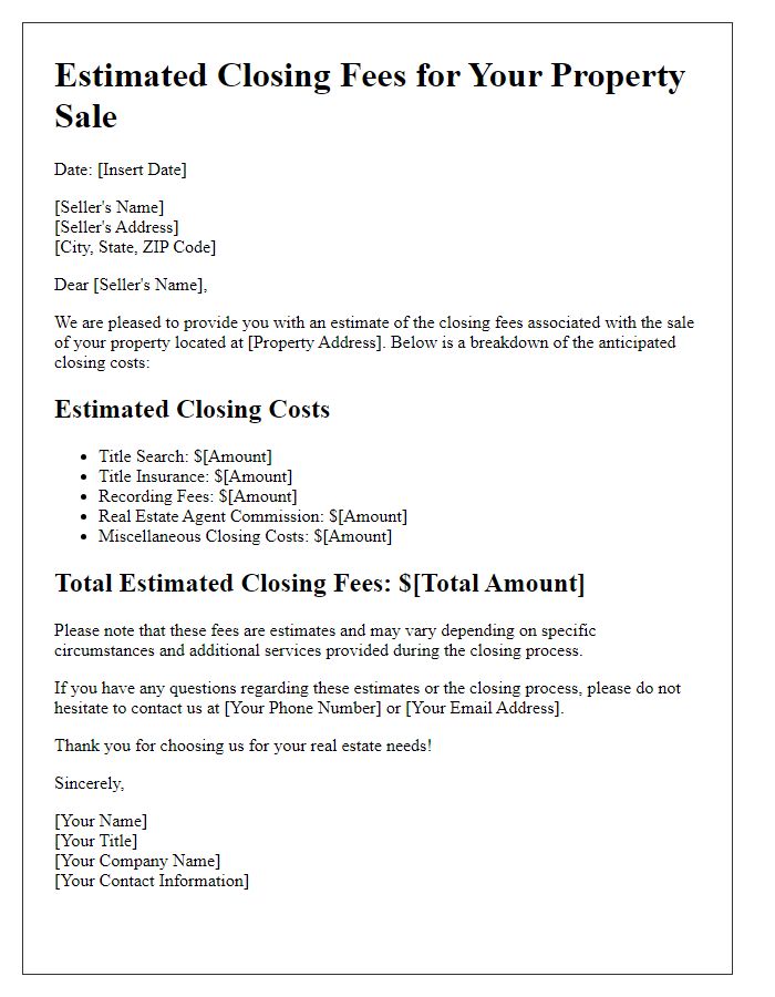 Letter template of estimated closing fees for property sellers