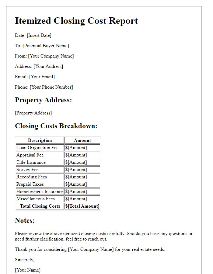 Letter template of itemized closing cost report for potential buyers