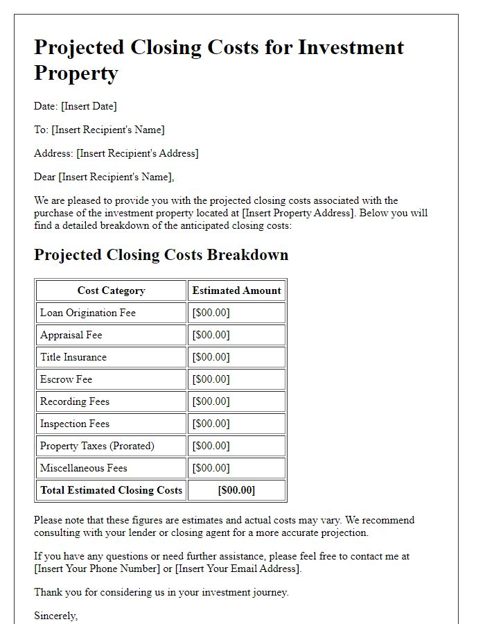 Letter template of projected closing costs for investment properties