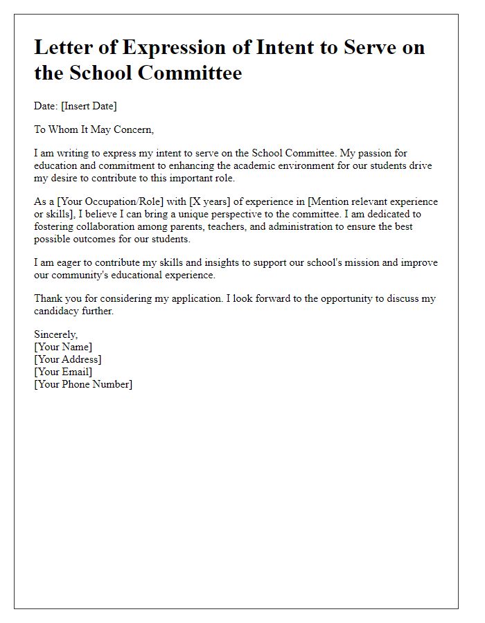 Letter template of expression of intent to serve on the school committee