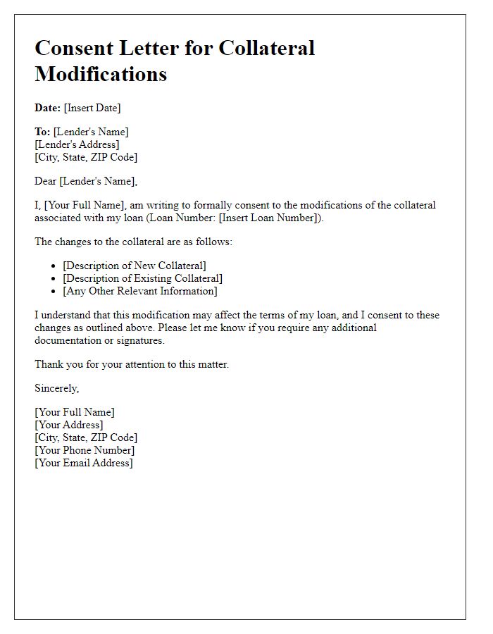 Letter template of consent for collateral modifications on loan.