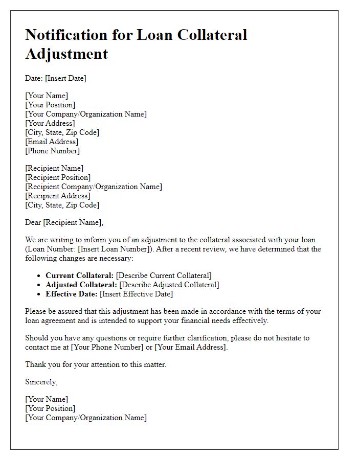 Letter template of notification for loan collateral adjustment.