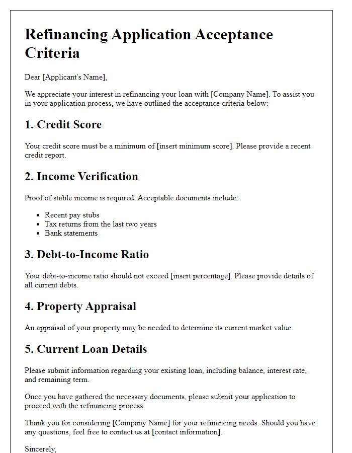 Letter template of refinancing application acceptance criteria