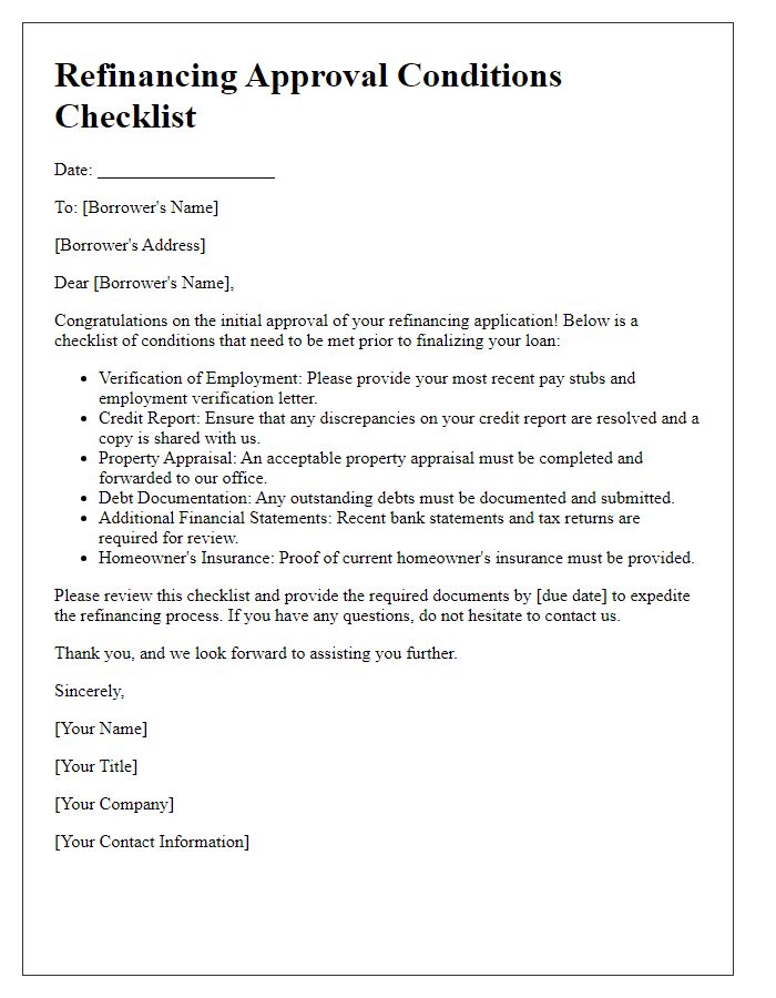 Letter template of refinancing approval conditions checklist