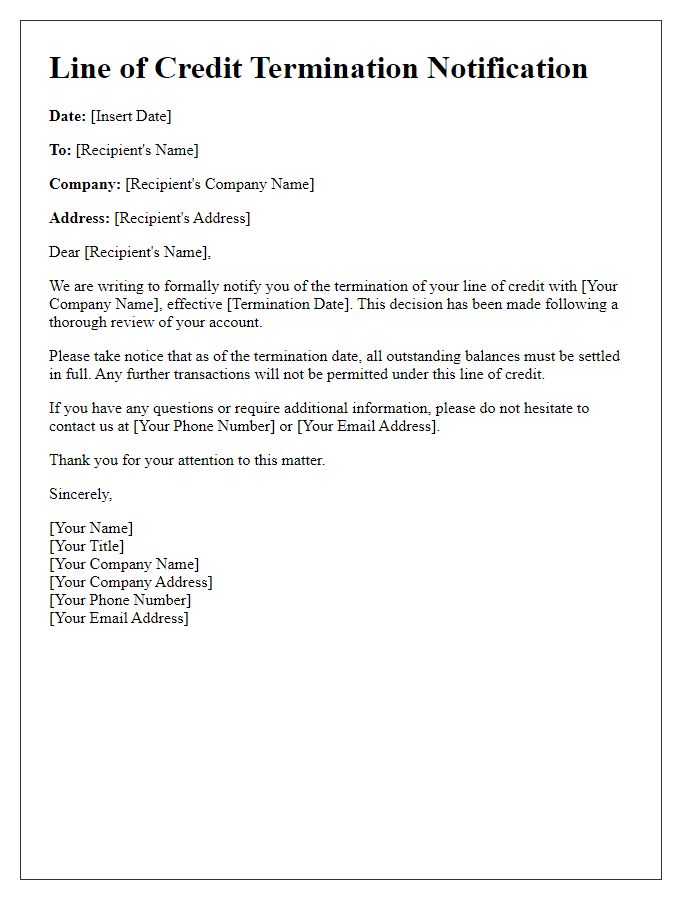 Letter template of formal line of credit termination notification