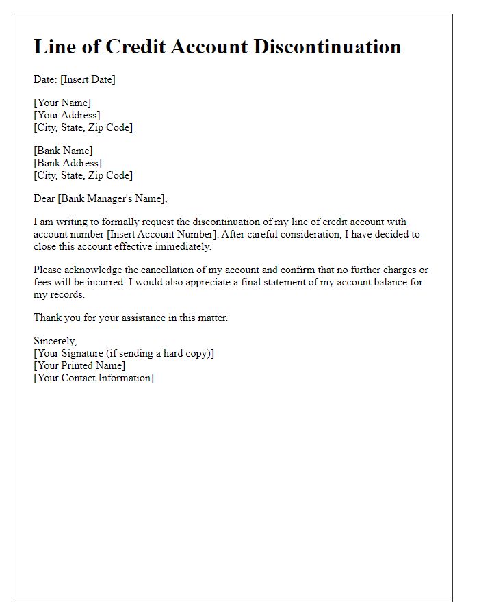 Letter template of line of credit account discontinuation