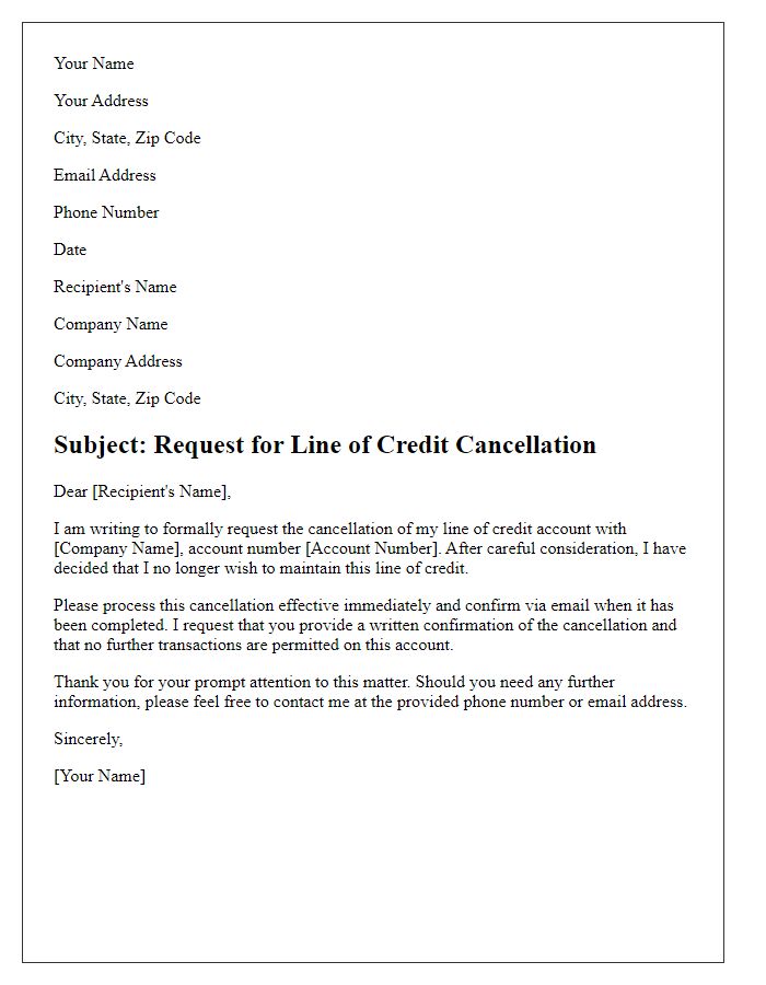 Letter template of line of credit cancellation request