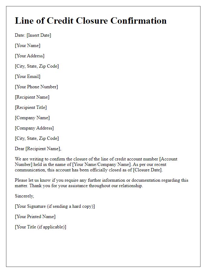 Letter template of line of credit closure confirmation