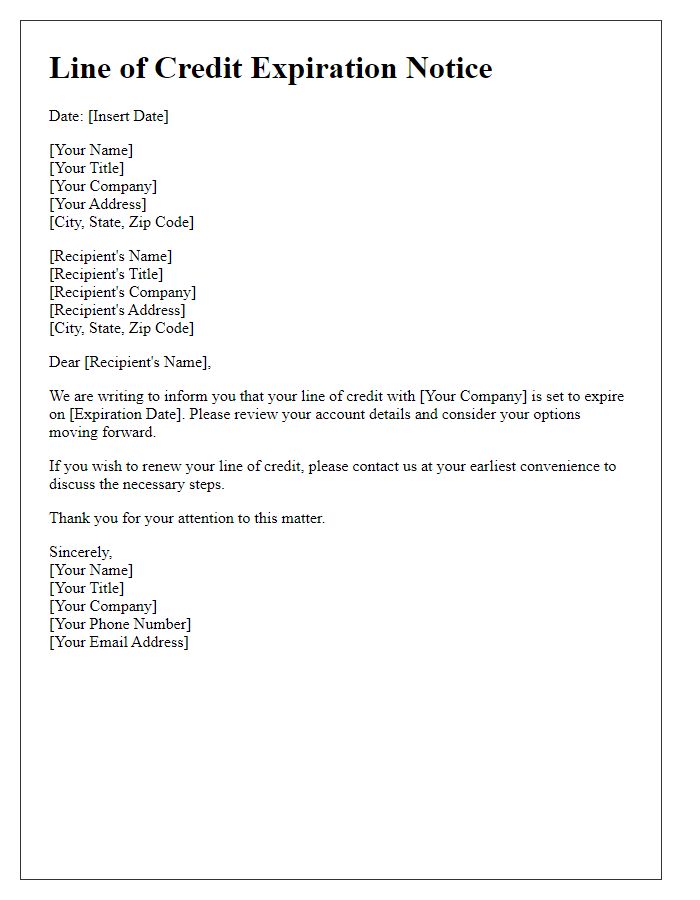 Letter template of line of credit expiration notice