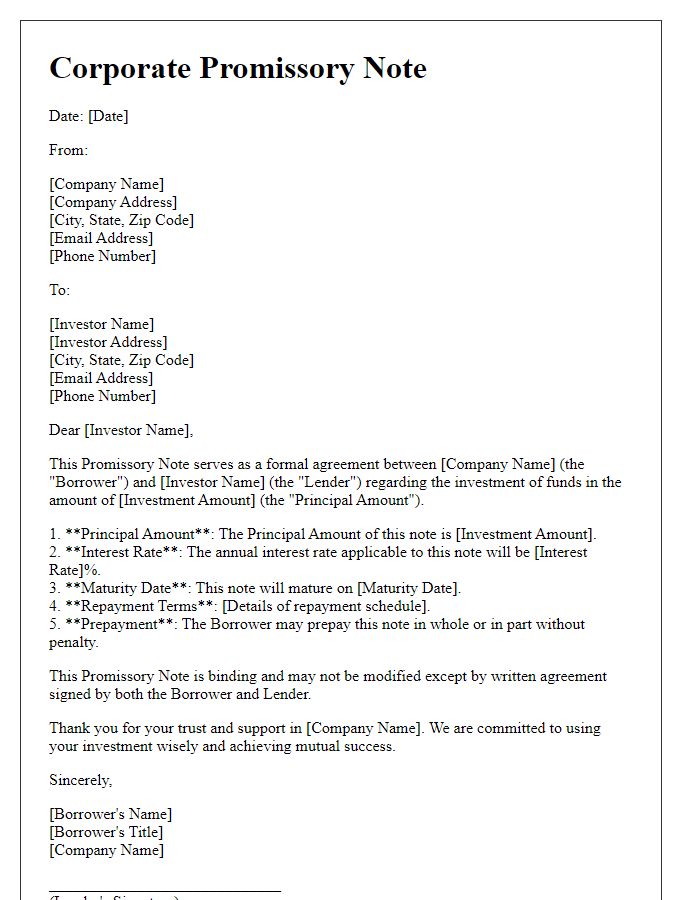 Letter template of Corporate Promissory Note for Investments