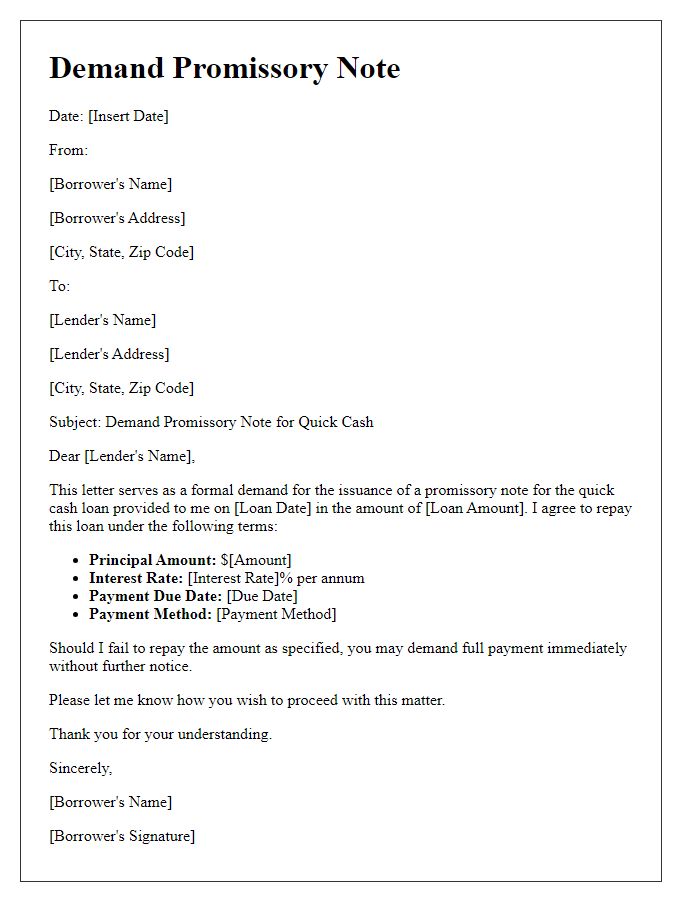 Letter template of Demand Promissory Note for Quick Cash