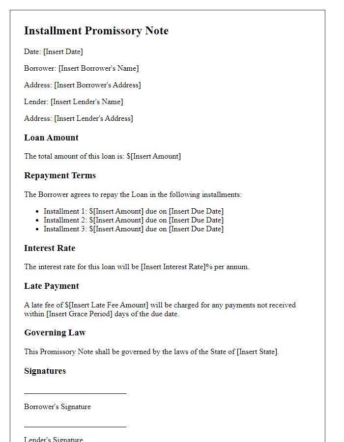 Letter template of Installment Promissory Note for Payment Plans