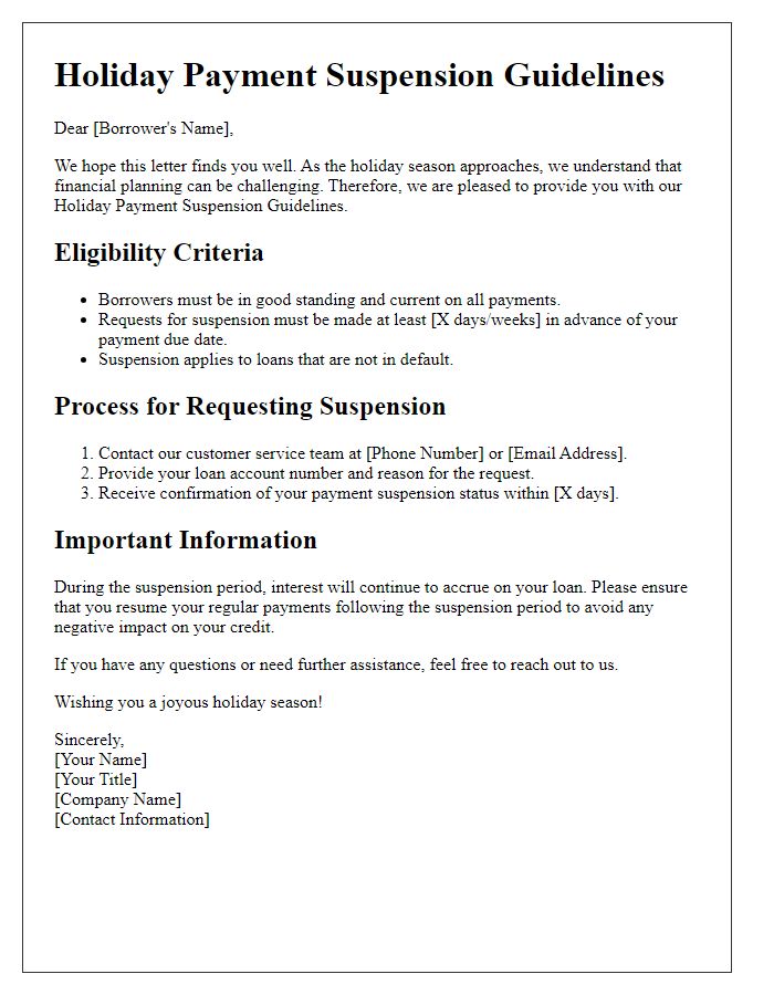 Letter template of holiday payment suspension guidelines for borrowers.