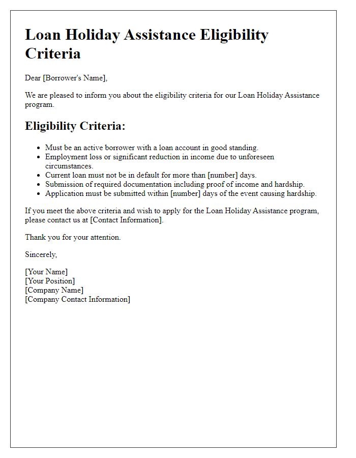 Letter template of loan holiday assistance eligibility criteria.