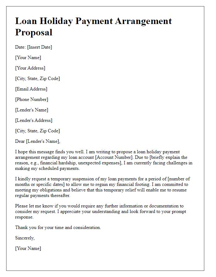 Letter template of loan holiday payment arrangement proposal.