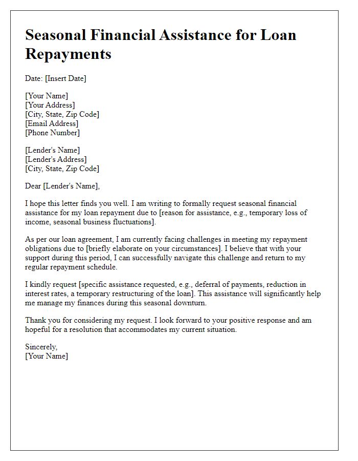 Letter template of seasonal financial assistance for loan repayments.