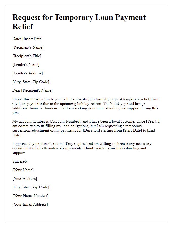 Letter template of temporary loan payment relief during holidays.