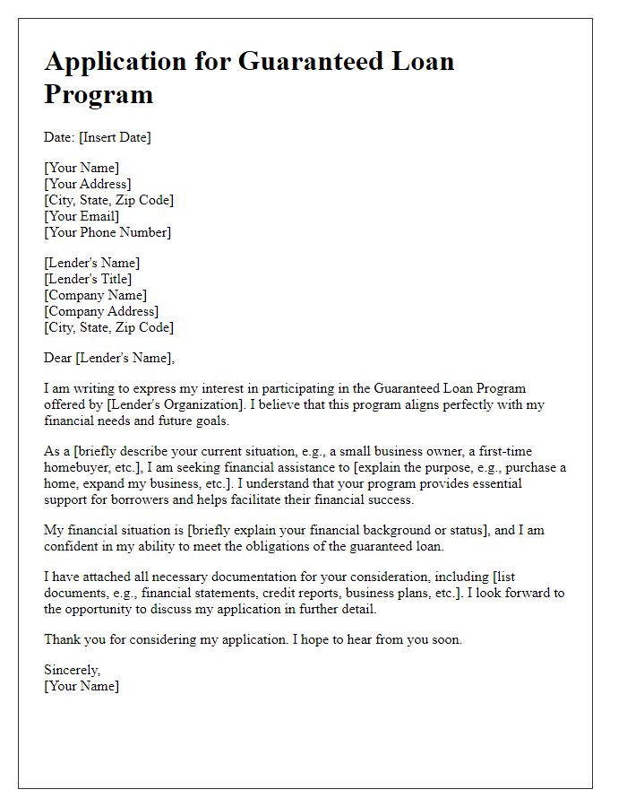 Letter template of application for guaranteed loan program involvement