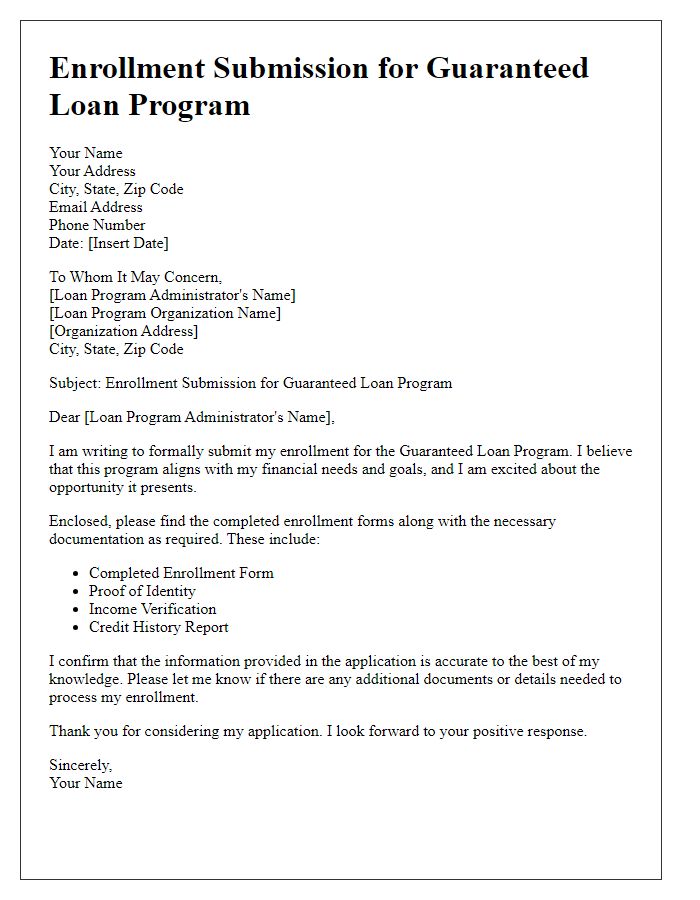 Letter template of enrollment submission for guaranteed loan program