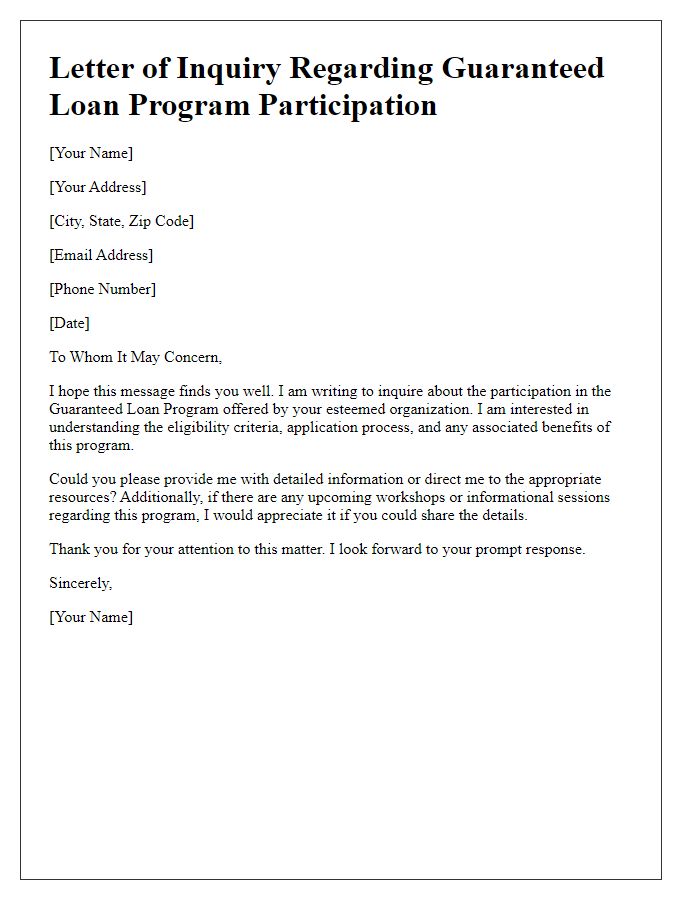 Letter template of inquiry regarding guaranteed loan program participation