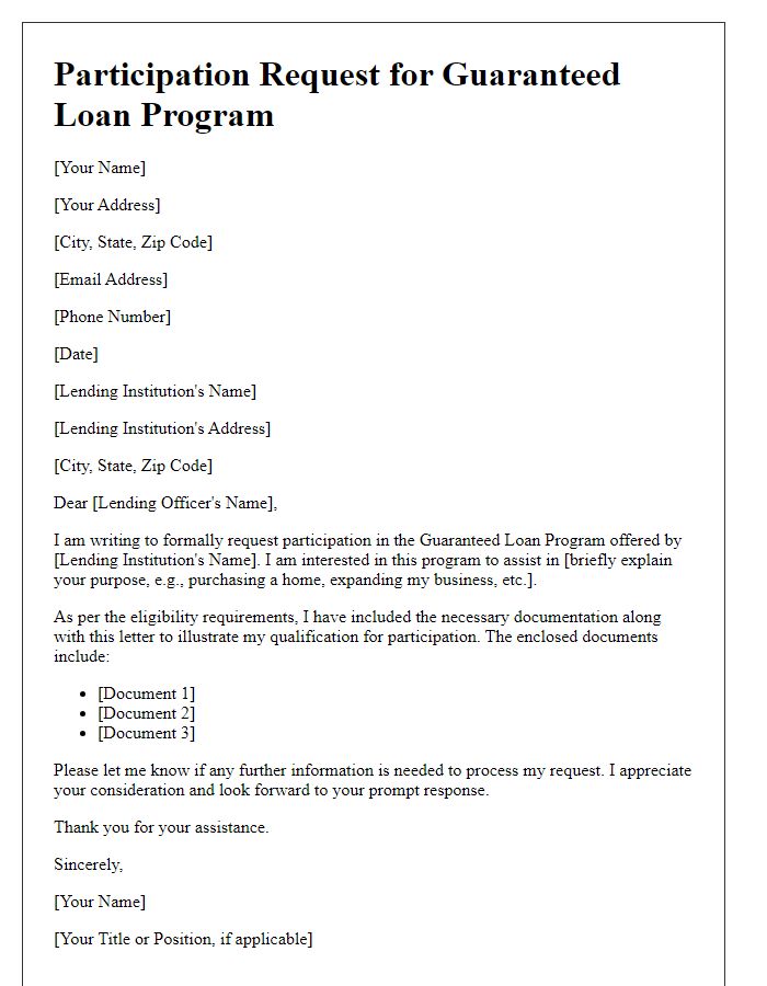 Letter template of participation request for guaranteed loan program