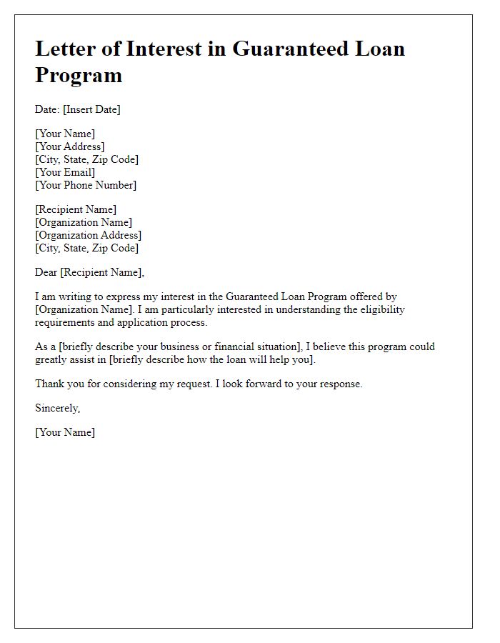 Letter template of registration interest in guaranteed loan program