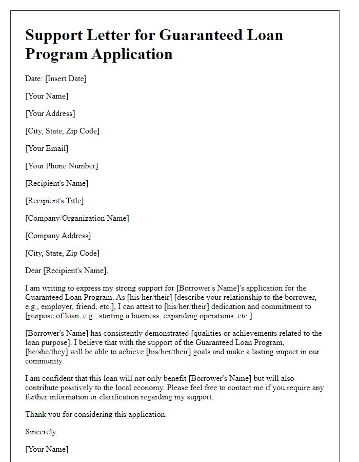 Letter template of support for guaranteed loan program application