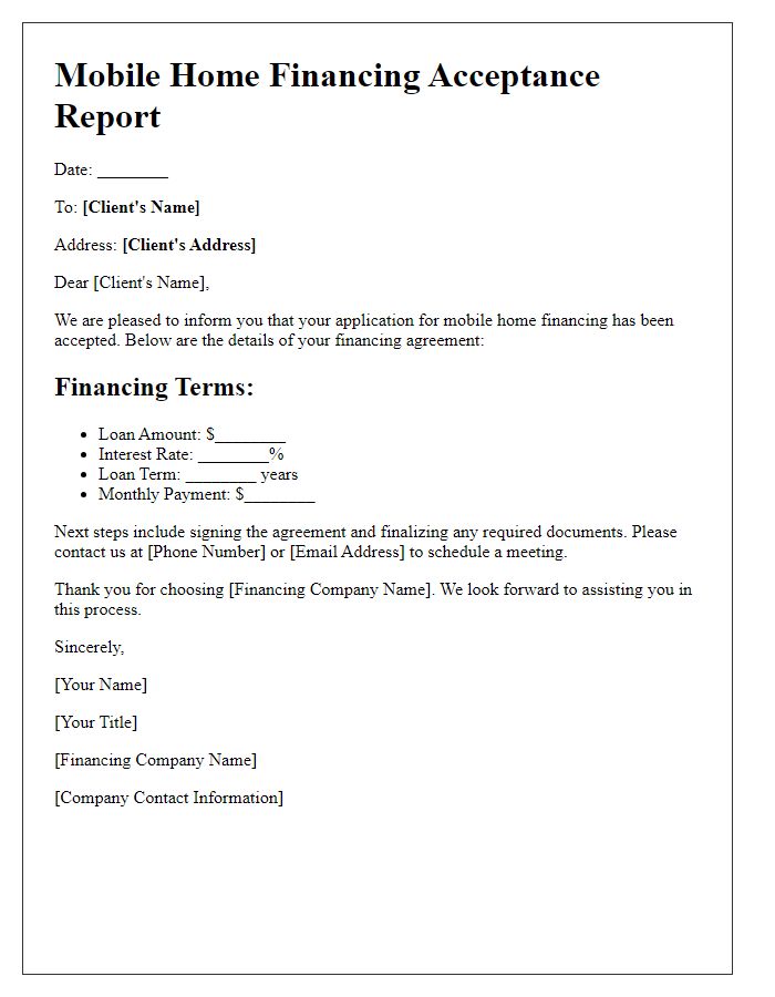 Letter template of mobile home financing acceptance report