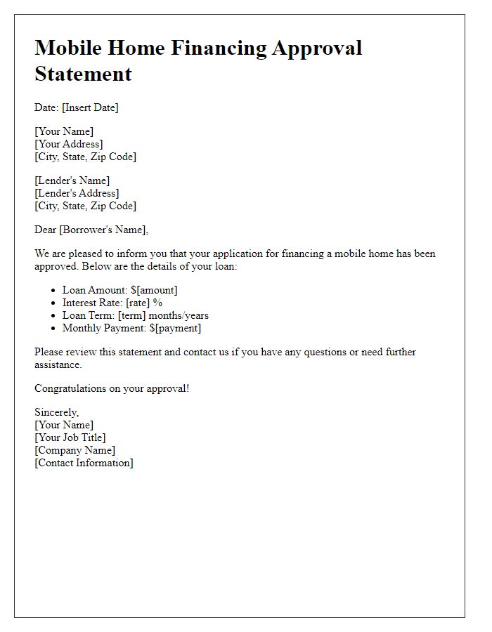 Letter template of mobile home financing approval statement