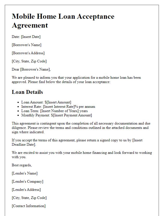 Letter template of mobile home loan acceptance agreement