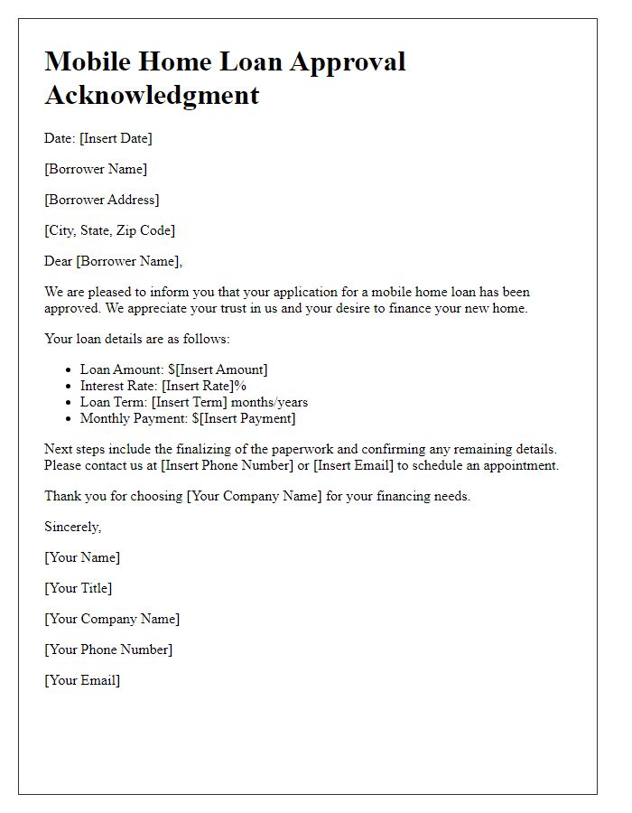 Letter template of mobile home loan approval acknowledgment