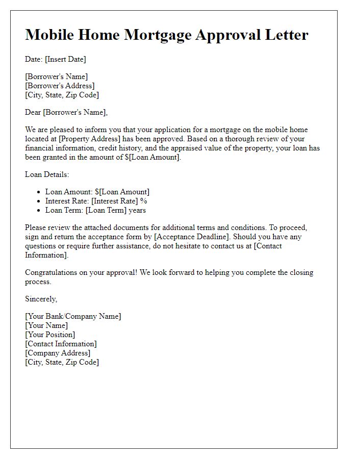 Letter template of mobile home mortgage approval letter