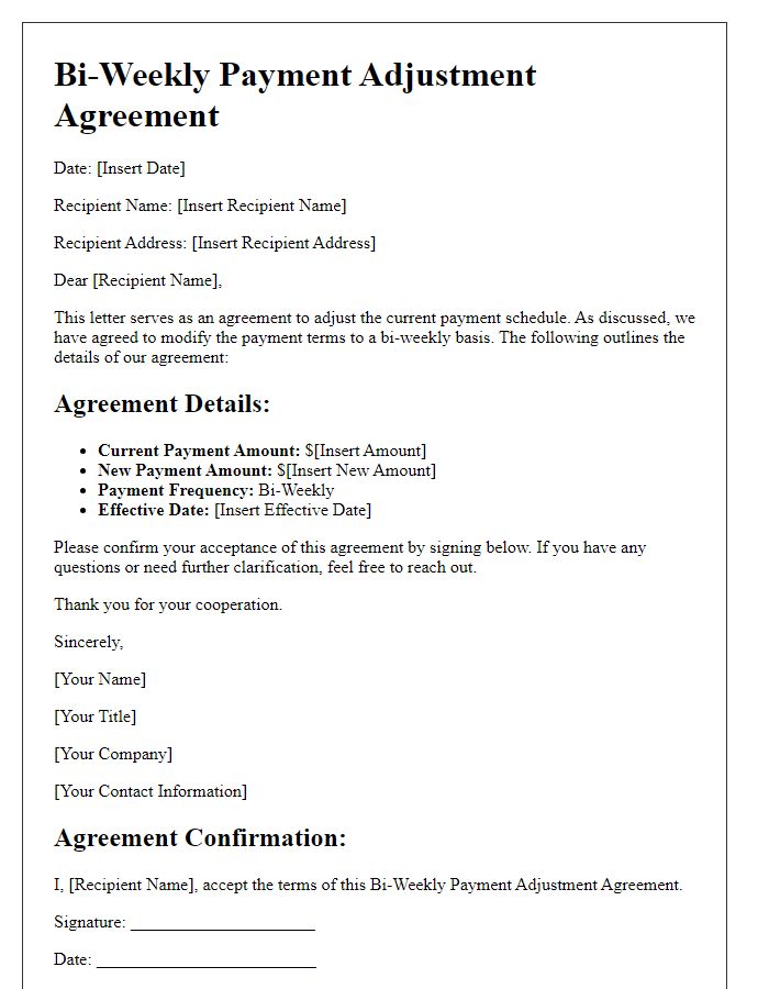 Letter template of bi-weekly payment adjustment agreement