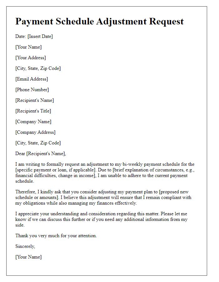 Letter template of bi-weekly payment schedule adjustment request