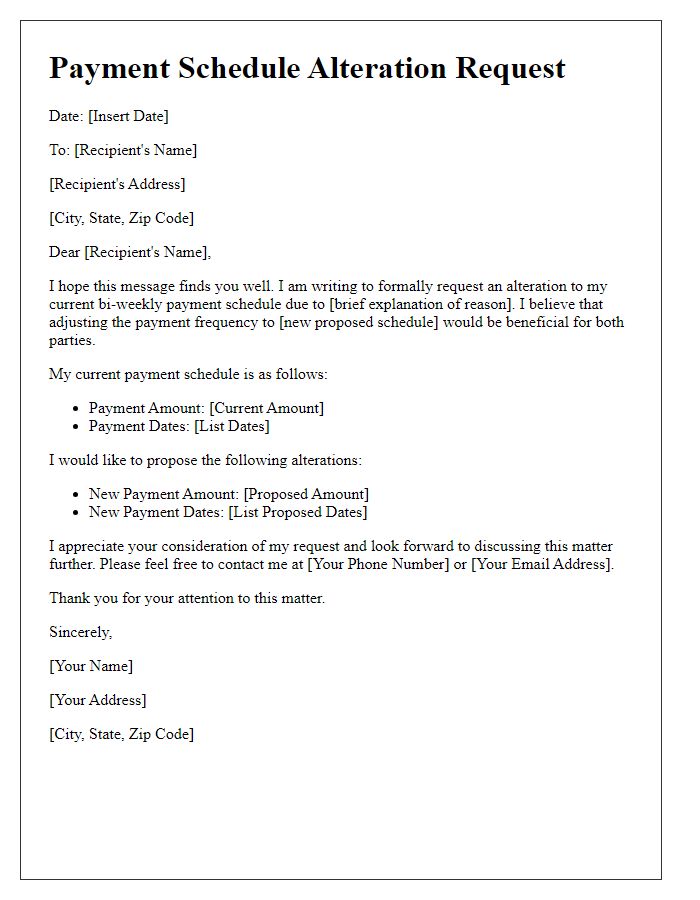 Letter template of bi-weekly payment schedule alteration