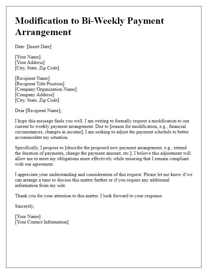 Letter template of modification to bi-weekly payment arrangement