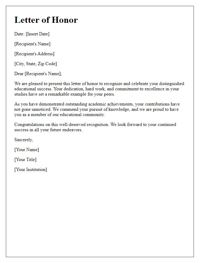 Letter template of honor for distinguished educational success