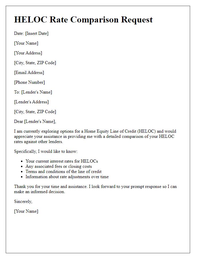 Letter template of Comparing HELOC Rates from Different Lenders