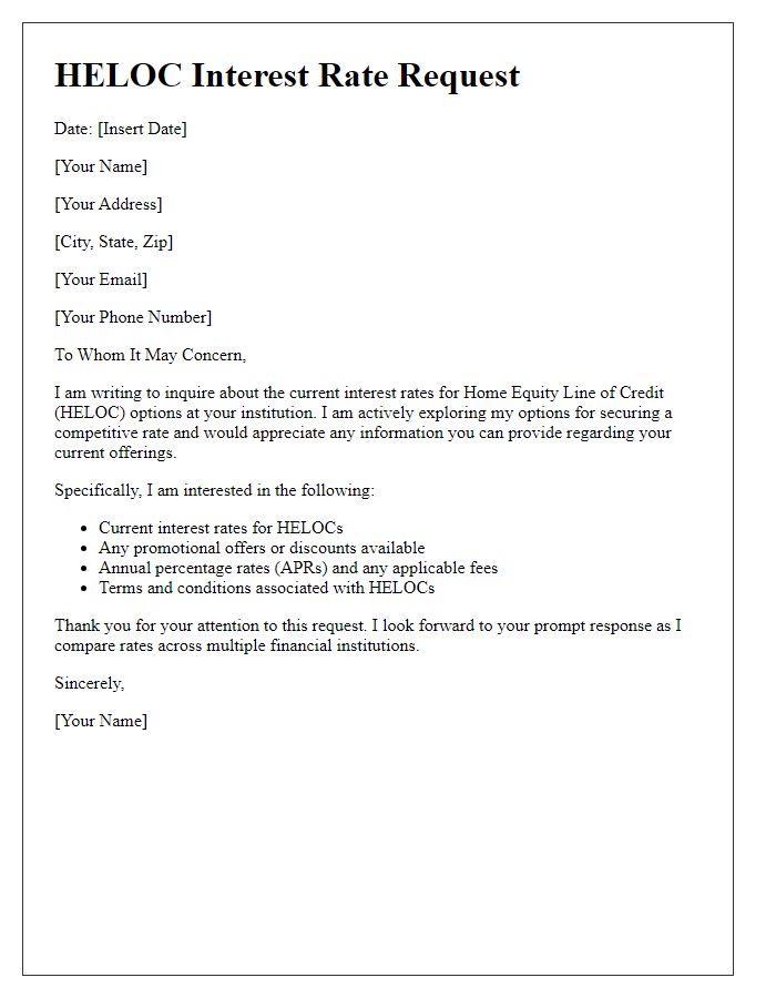 Letter template of HELOC Interest Rate Request to Multiple Financial Institutions