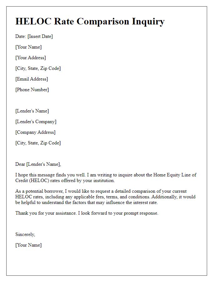 Letter template of HELOC Rate Comparison Inquiry