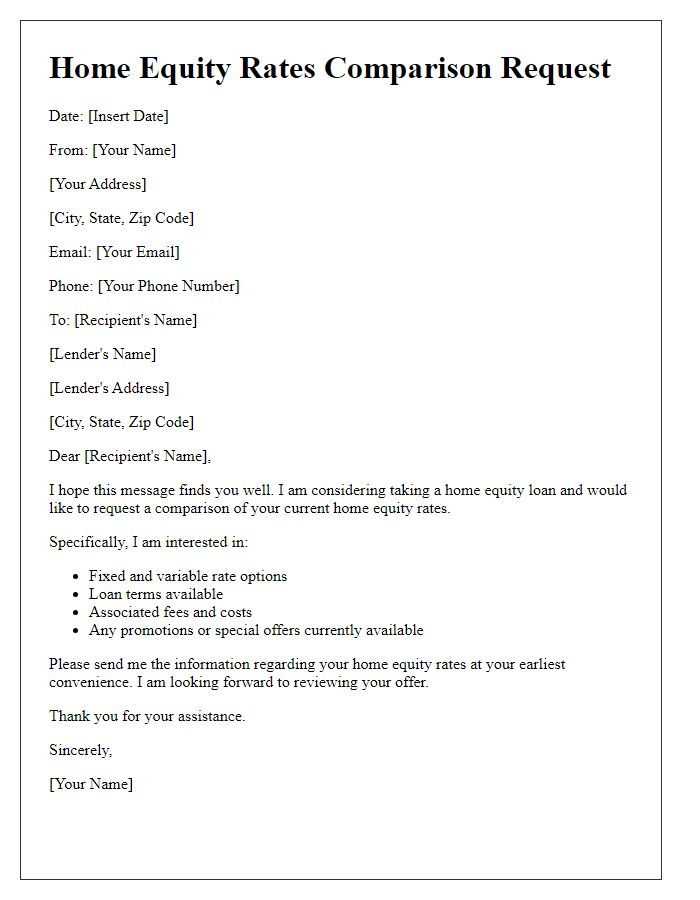 Letter template of Home Equity Rates Comparison Request