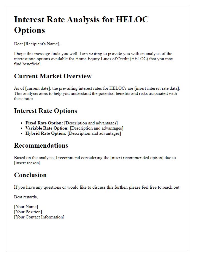 Letter template of Interest Rate Analysis for HELOC Options