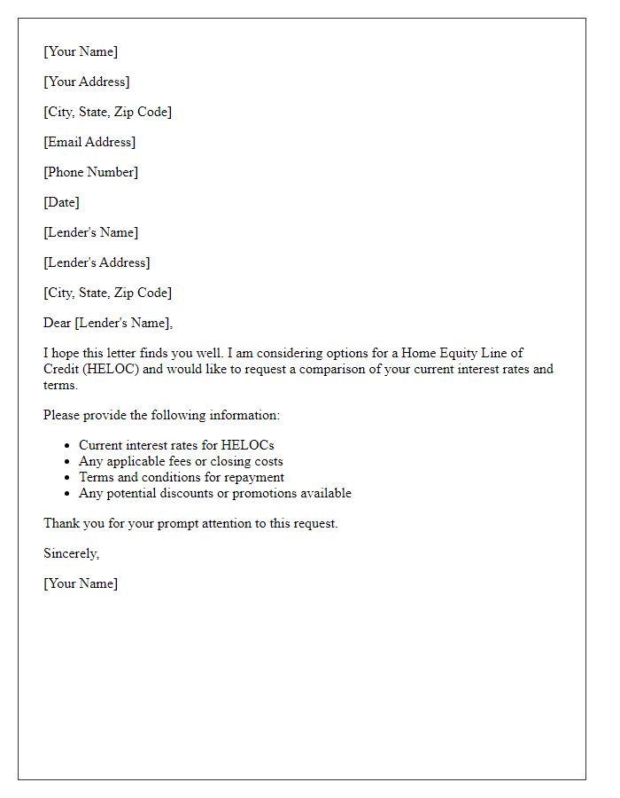 Letter template of Request for Interest Rate Comparison on HELOCs