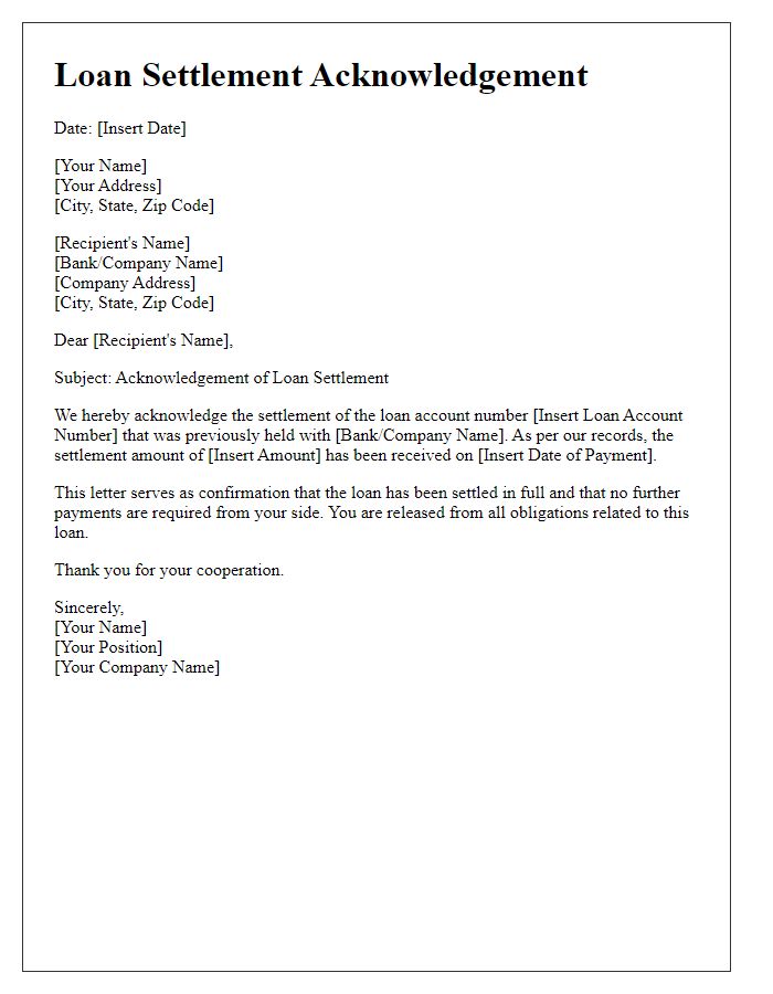 Letter template of Previous Loan Settlement Acknowledgement