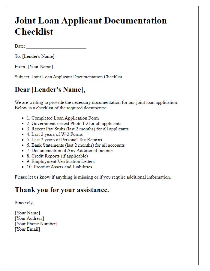 Letter template of joint loan applicant documentation checklist