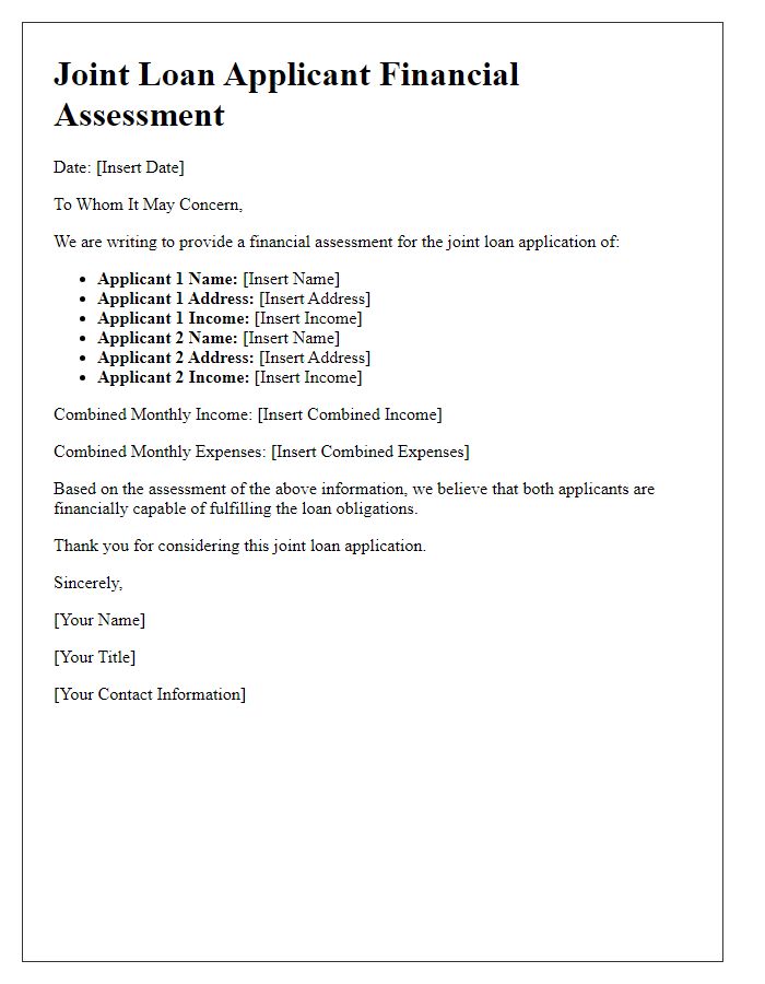 Letter template of joint loan applicant financial assessment