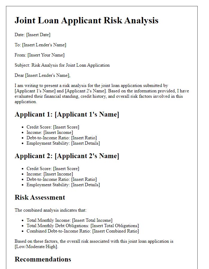 Letter template of joint loan applicant risk analysis