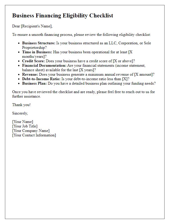 Letter template of Business Financing Eligibility Checklists