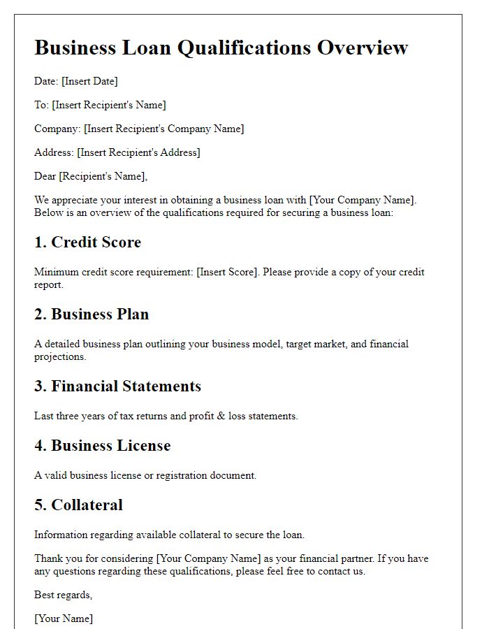 Letter template of Business Loan Qualifications Overview