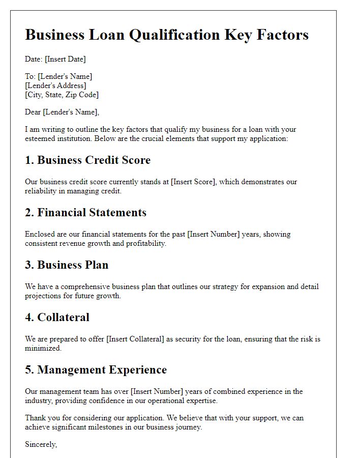 Letter template of Key Factors for Business Loan Qualification